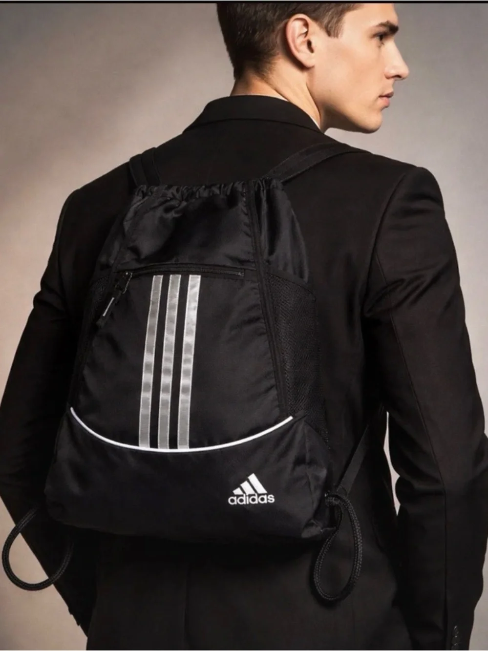adidas Black Drawstring Backpack with Silver Stripe